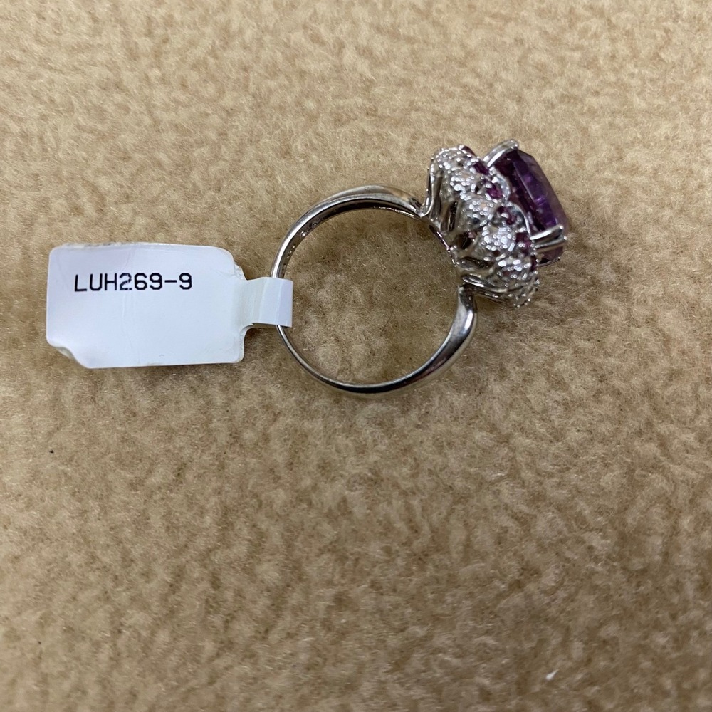 Cushion Purple Fluorite & Rhodolite Garnet‎ Sterling Silver 925 Ring Halo Sz 9 - Picture 8 of 9